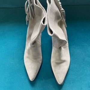 Zara Light Taupe Suede Pointed-Toe Fringe Ankle Boots